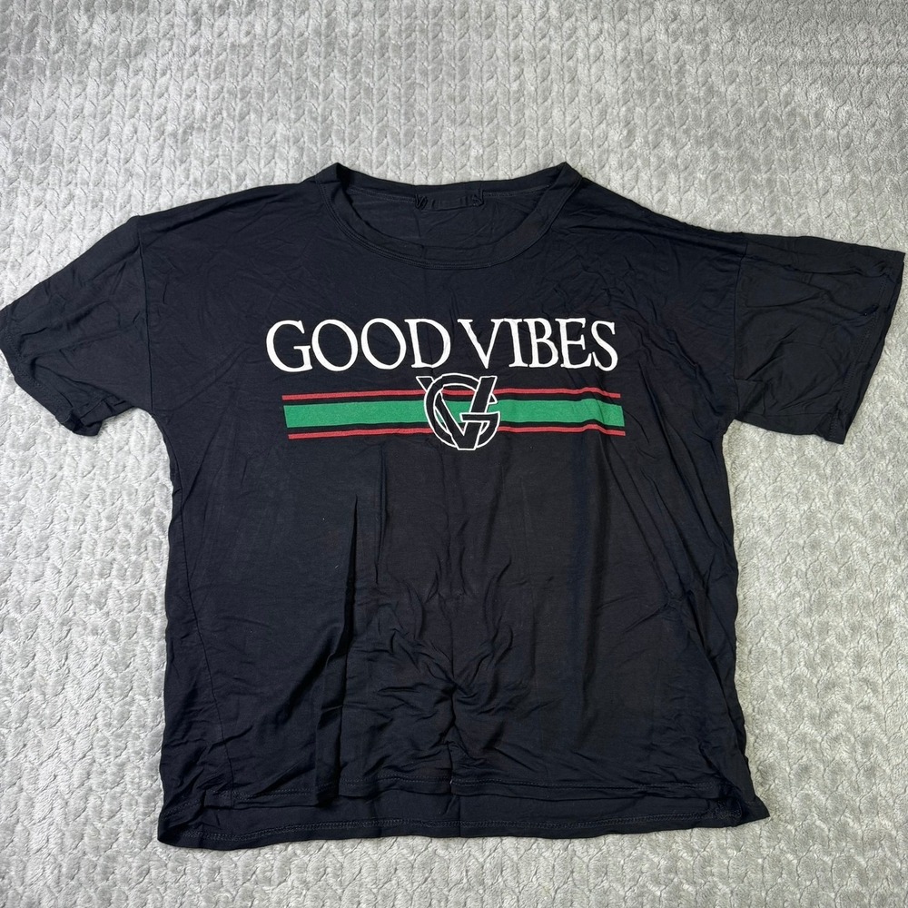 Know One Cares Good Vibes Graphic Tee Black Short Sleeve Boxy T-Shirt Stretch